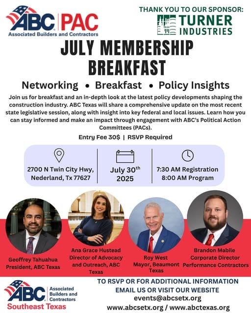 Register Now for the ABC Southeast Texas July Membership Breakfast – July 30, 2025 – Nederland, TX