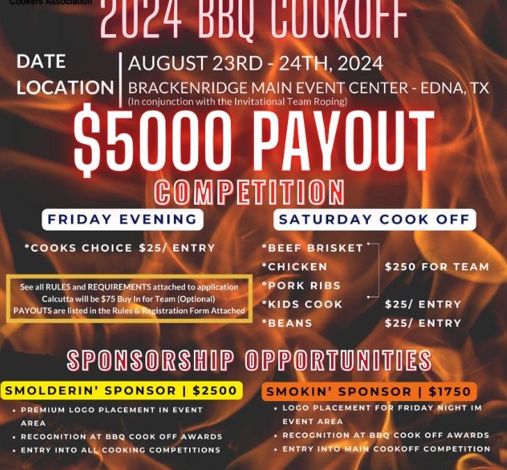 Register now for the API Victoria Chapter 28th Annual Team Roping and BBQ Cookoff August 23 – August 24, 2024 – Edna, TX