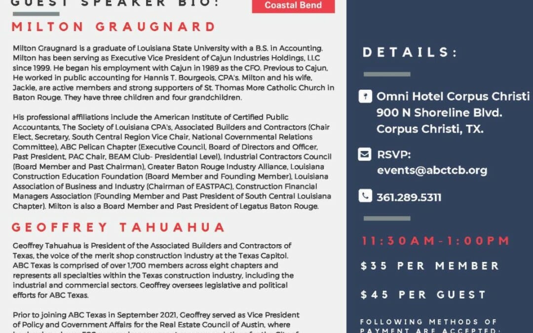 Register Now for the ABC Texas Coastal Bend Jan Luncheon – Jan 26th – Corpus Christi