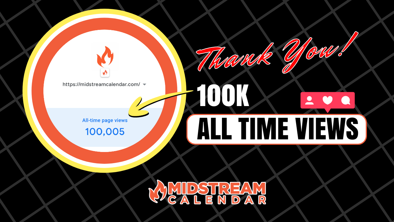 100,000 All Time Views – Midstream Calendar Milestone 100,000 All Time Pages Viewed on Website – Thank You!