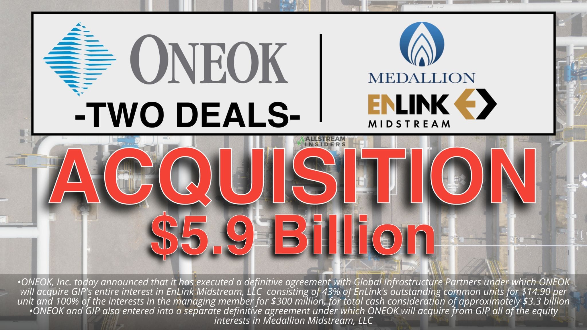 Aug 28: ONEOK to Acquire Medallion and Controlling Interest in EnLink from Global Infrastructure Partners in Transactions Valued at $5.9 Billion ONEOK to Acquire Medallion and Controlling Interest in EnLink from Global Infrastructure Partners in Transactions Valued at $5.9 Billion